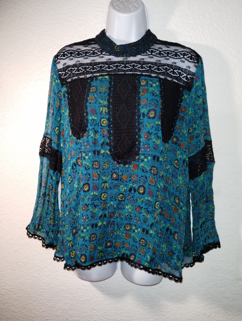 Anna Sui x INC Top Black Lace Rich Teal Yellow Whimsical Print Size Large